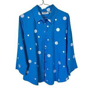 Norm Thompson Womens Blue Polka Dot Linen Blend Long Sleeve Button Up Shirt Med